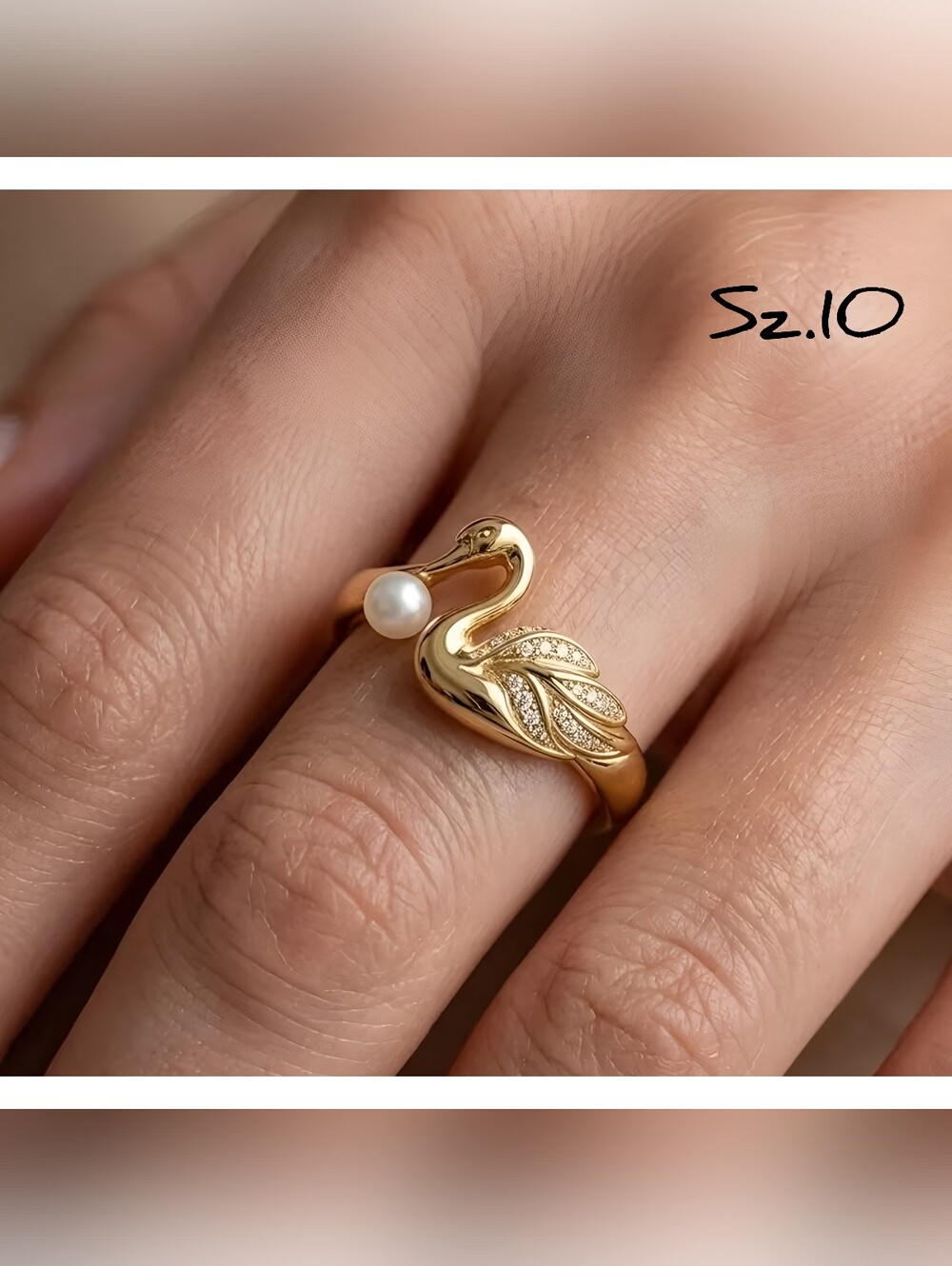 Gold Swan Pearl & CZ Ring - Sz.10. Elegant Women's Jewelry
